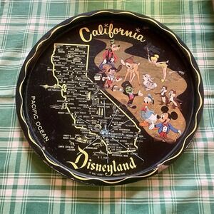 Vintage California Walt Disney Disneyland Map Metal Tin Souvenir Plate Tray 11"